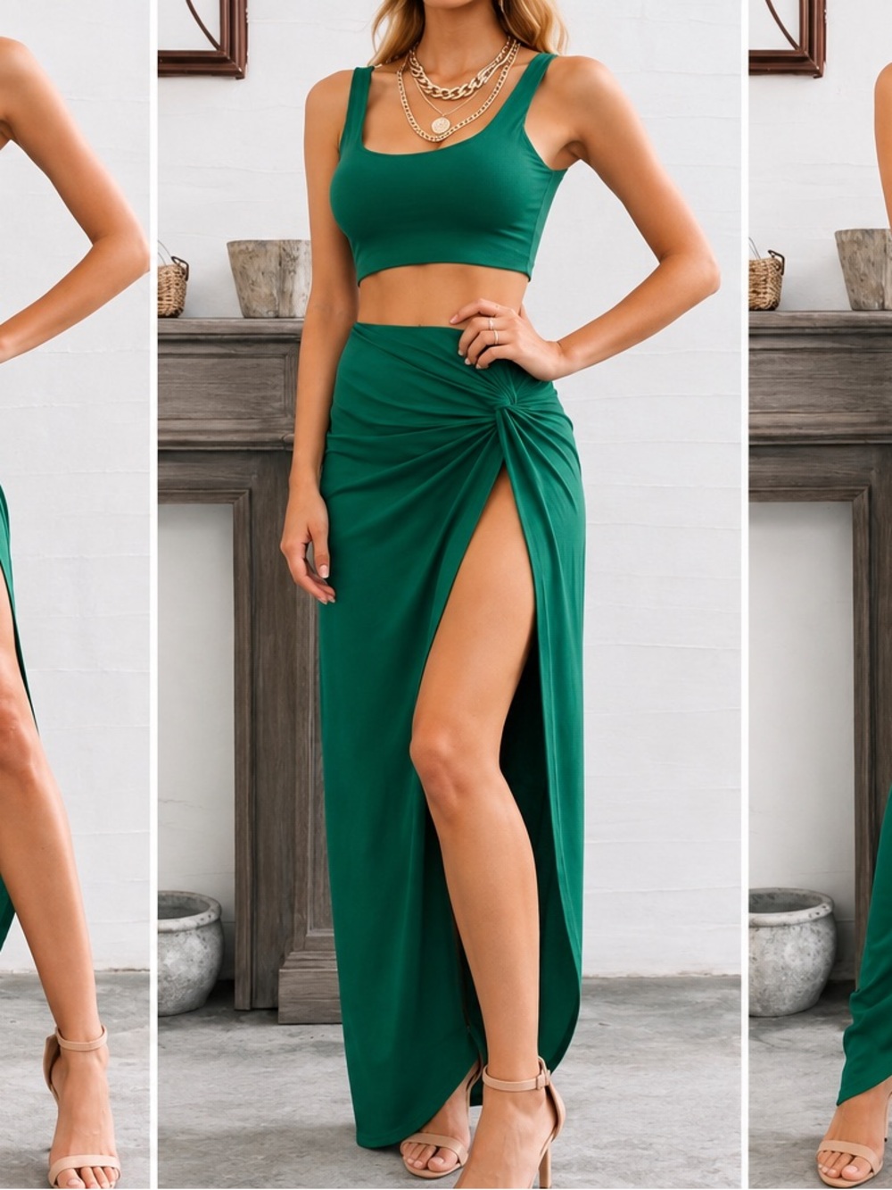 Glamaker Green Crop Top & Twist High-Slit Maxi Skirt Set S